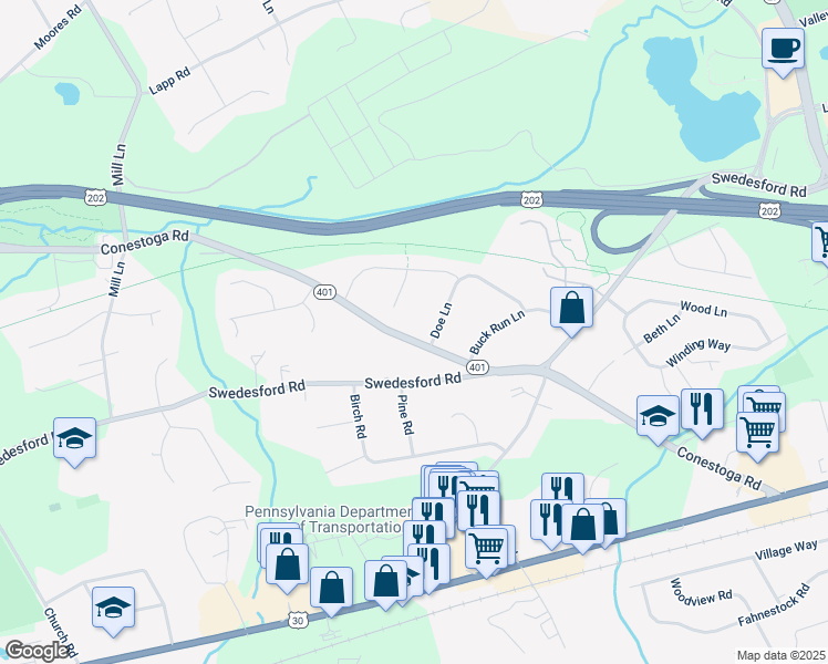 map of restaurants, bars, coffee shops, grocery stores, and more near 138 Conestoga Road in Malvern
