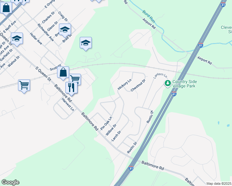 map of restaurants, bars, coffee shops, grocery stores, and more near 201 Hickory Lane in Shippensburg