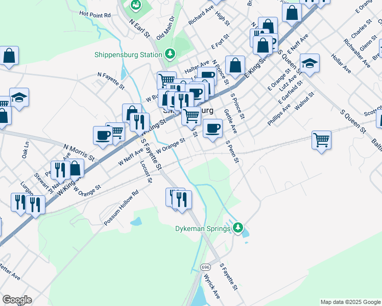map of restaurants, bars, coffee shops, grocery stores, and more near 147 South Seneca Street in Shippensburg