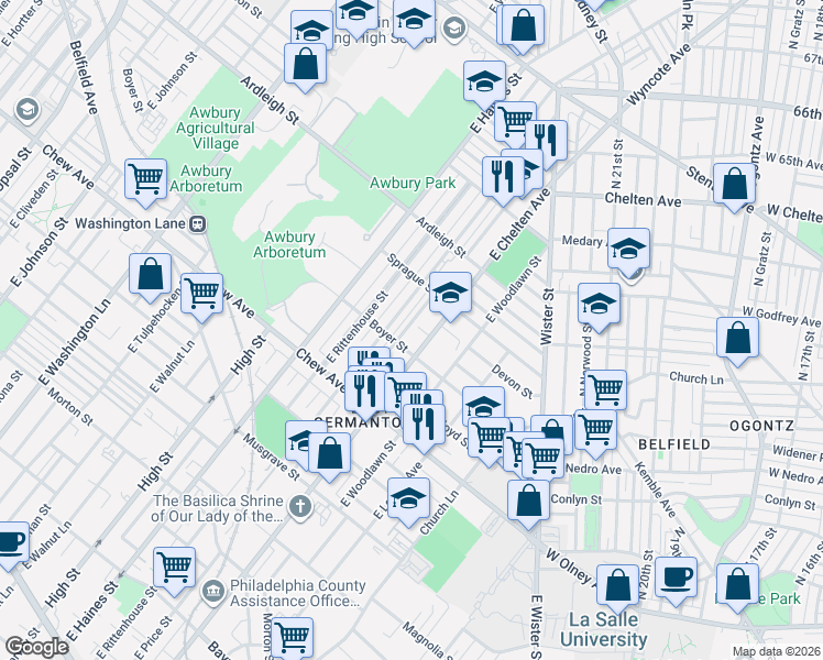 map of restaurants, bars, coffee shops, grocery stores, and more near 936 East Price Street in Philadelphia