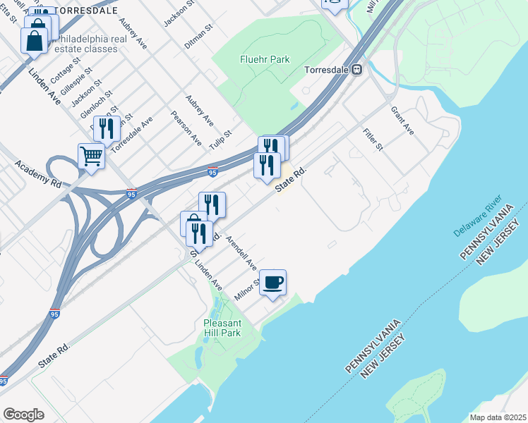 map of restaurants, bars, coffee shops, grocery stores, and more near 9400 State Road in Philadelphia