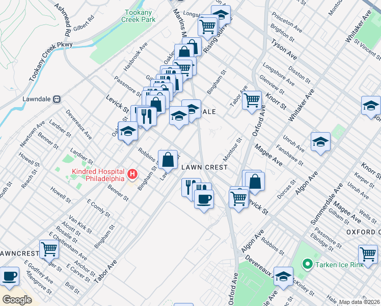 map of restaurants, bars, coffee shops, grocery stores, and more near 6430 Martins Mill Road in Philadelphia