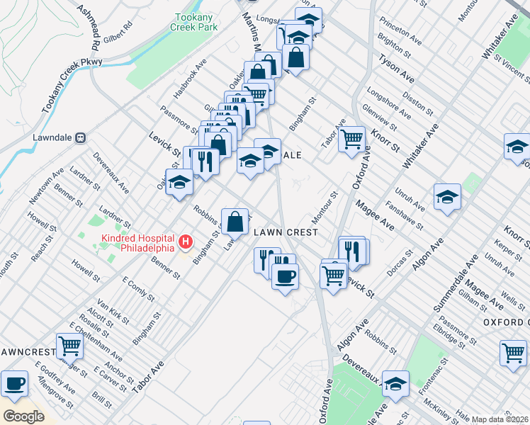 map of restaurants, bars, coffee shops, grocery stores, and more near 6430 Martins Mill Road in Philadelphia
