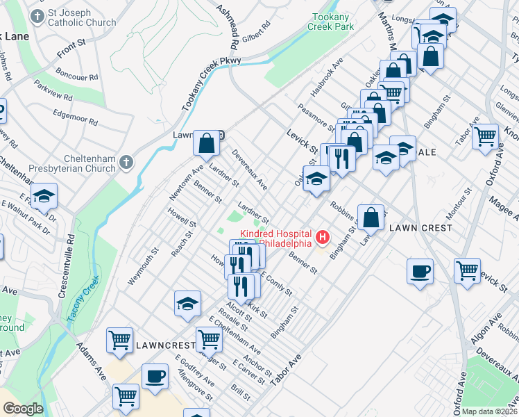 map of restaurants, bars, coffee shops, grocery stores, and more near 350 Devereaux Avenue in Philadelphia