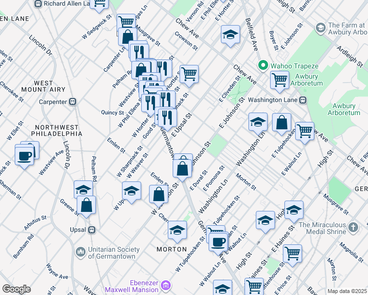 map of restaurants, bars, coffee shops, grocery stores, and more near 100 East Cliveden Street in Philadelphia