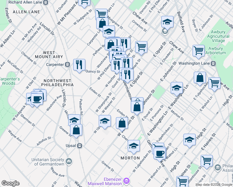 map of restaurants, bars, coffee shops, grocery stores, and more near 34 West Sharpnack Street in Philadelphia