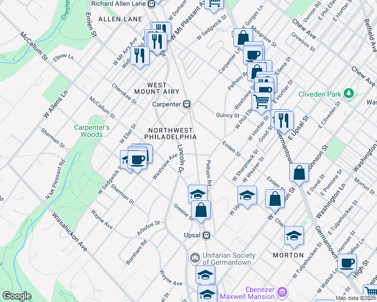 map of restaurants, bars, coffee shops, grocery stores, and more near 6805 Lincoln Drive in Philadelphia