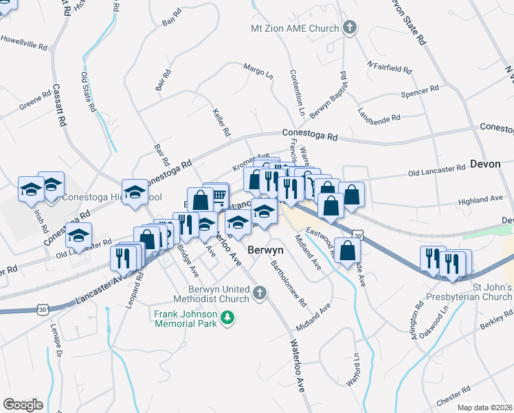 map of restaurants, bars, coffee shops, grocery stores, and more near 573 East Lancaster Avenue in Berwyn
