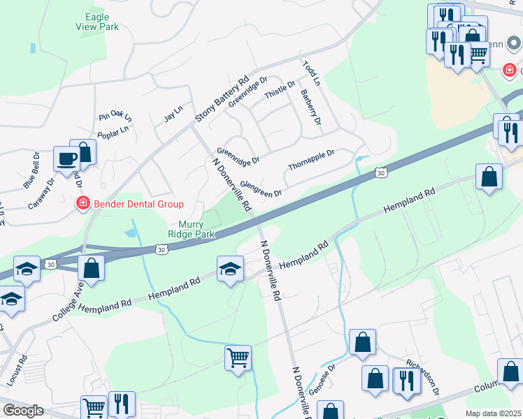 map of restaurants, bars, coffee shops, grocery stores, and more near 3230 Oakglen Court in Lancaster