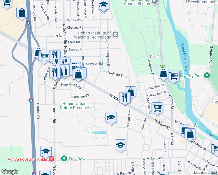 map of restaurants, bars, coffee shops, grocery stores, and more near 1211 West Main Street in Troy