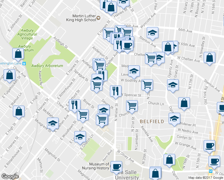 map of restaurants, bars, coffee shops, grocery stores, and more near 5526 Matthews Street in Philadelphia