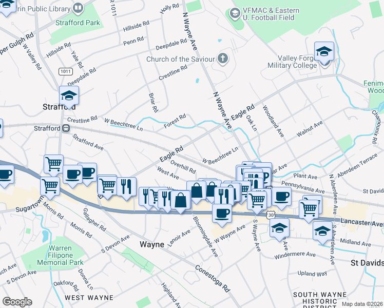 map of restaurants, bars, coffee shops, grocery stores, and more near 421 West Beechtree Lane in Wayne