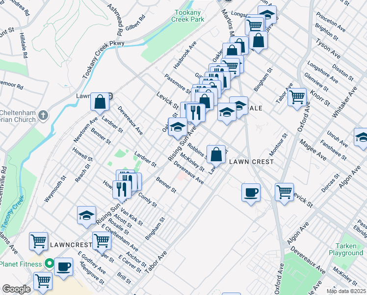 map of restaurants, bars, coffee shops, grocery stores, and more near 6233 Rising Sun Avenue in Philadelphia
