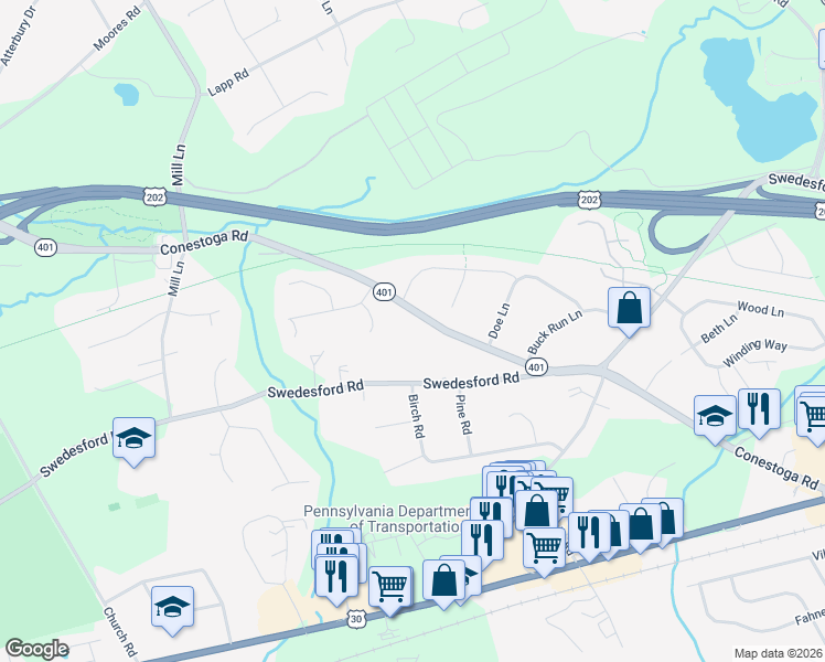 map of restaurants, bars, coffee shops, grocery stores, and more near 151 Conestoga Road in Malvern