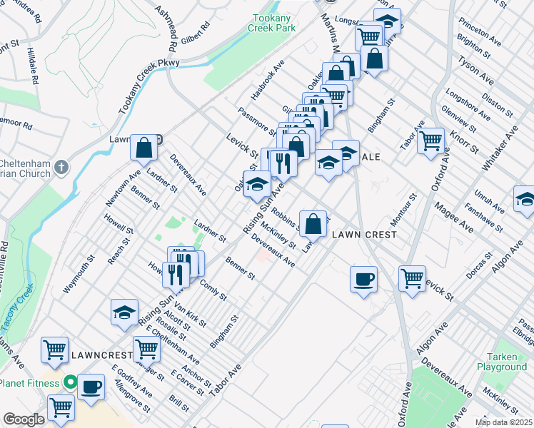map of restaurants, bars, coffee shops, grocery stores, and more near 6233 Rising Sun Avenue in Philadelphia