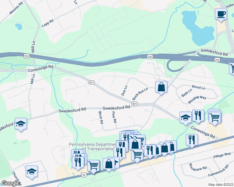 map of restaurants, bars, coffee shops, grocery stores, and more near 138 Conestoga Road in Malvern