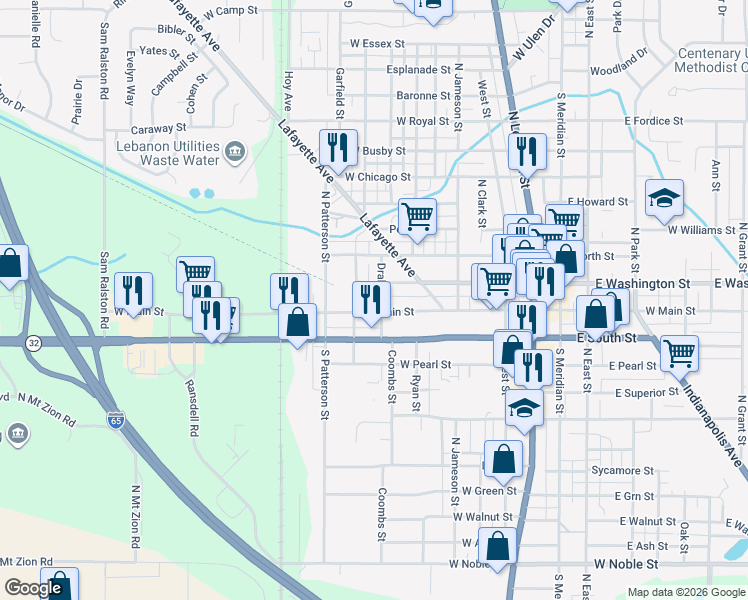 map of restaurants, bars, coffee shops, grocery stores, and more near 816 West Washington Street in Lebanon