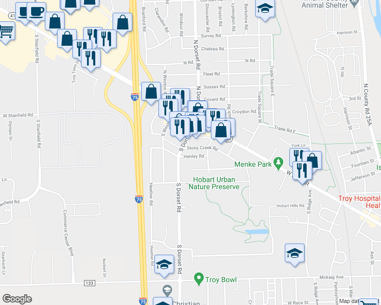map of restaurants, bars, coffee shops, grocery stores, and more near 1447 Henley Road in Troy