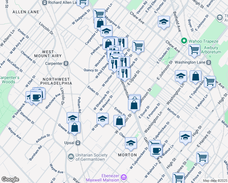 map of restaurants, bars, coffee shops, grocery stores, and more near 64 West Sharpnack Street in Philadelphia