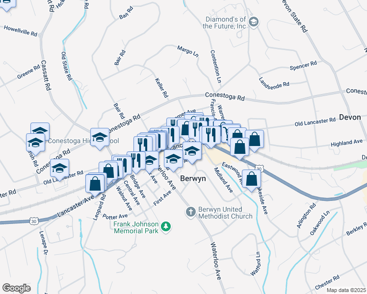 map of restaurants, bars, coffee shops, grocery stores, and more near 635 Lancaster Avenue in Berwyn