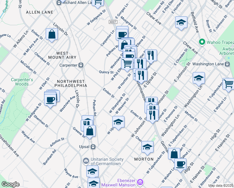 map of restaurants, bars, coffee shops, grocery stores, and more near 158 West Hortter Street in Philadelphia
