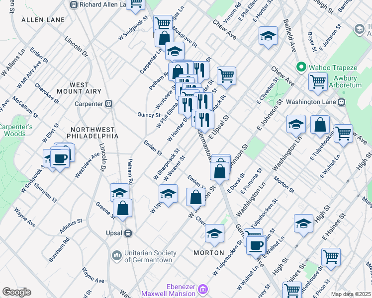 map of restaurants, bars, coffee shops, grocery stores, and more near 64 West Sharpnack Street in Philadelphia