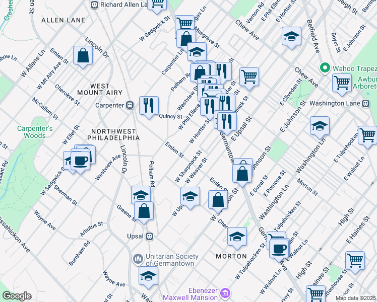 map of restaurants, bars, coffee shops, grocery stores, and more near 158 West Hortter Street in Philadelphia
