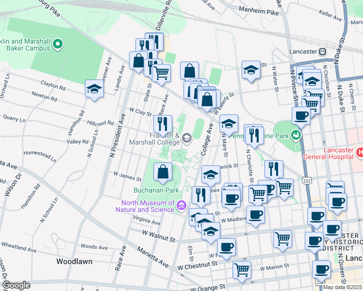 map of restaurants, bars, coffee shops, grocery stores, and more near 637 College Avenue in Lancaster