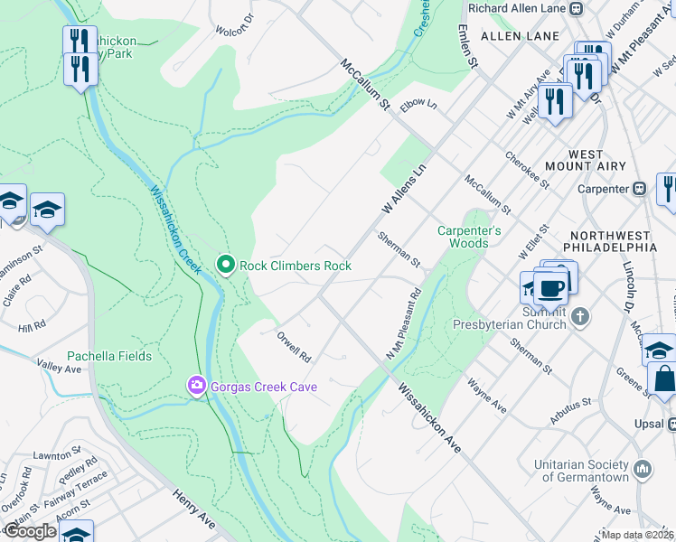 map of restaurants, bars, coffee shops, grocery stores, and more near 734 West Allens Lane in Philadelphia