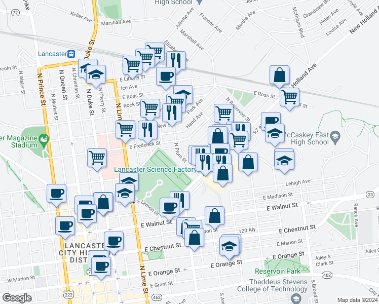 map of restaurants, bars, coffee shops, grocery stores, and more near 426 Reynolds Avenue in Lancaster