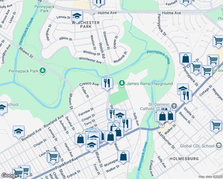 map of restaurants, bars, coffee shops, grocery stores, and more near 8209 Rowland Avenue in Philadelphia