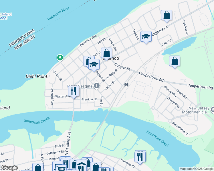 map of restaurants, bars, coffee shops, grocery stores, and more near 703 Hickory Street in Delanco