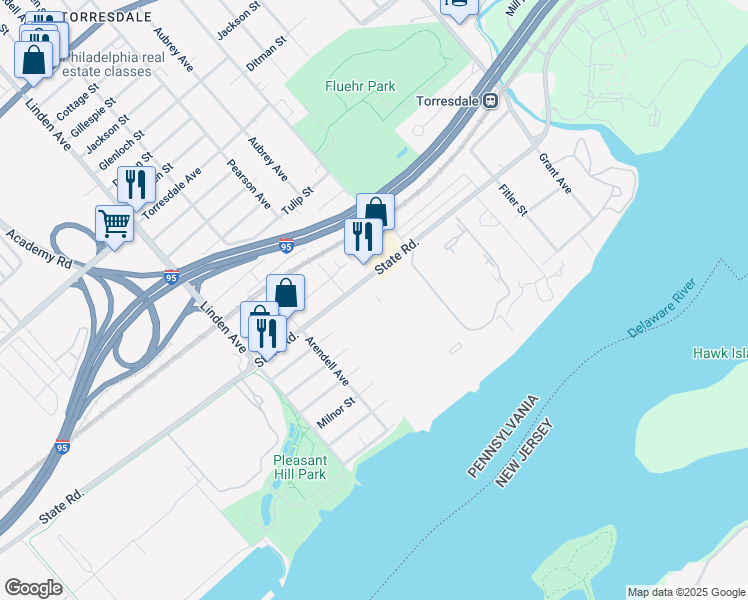 map of restaurants, bars, coffee shops, grocery stores, and more near 6107 Delaire Landing Road in Philadelphia