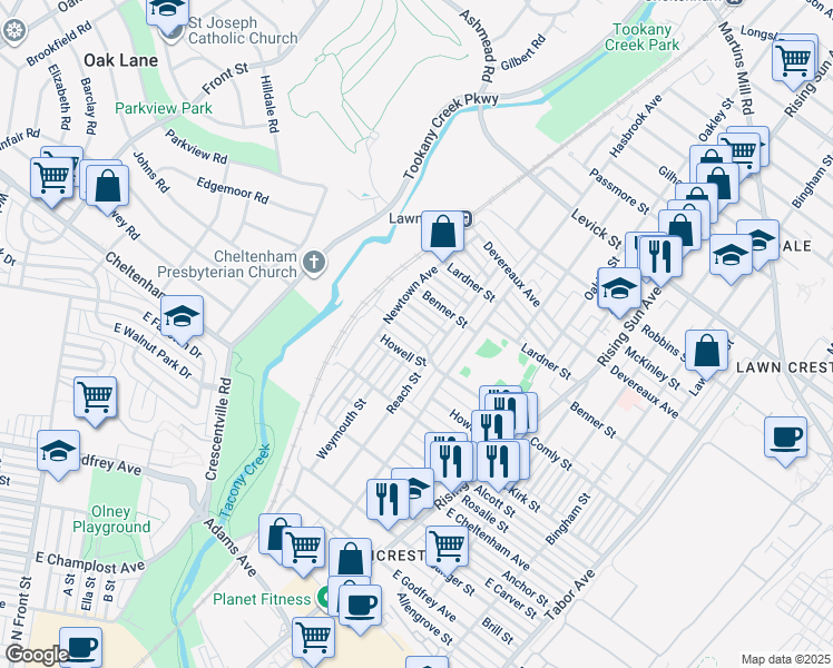 map of restaurants, bars, coffee shops, grocery stores, and more near 255 East Comly Street in Philadelphia