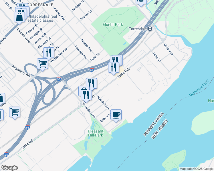 map of restaurants, bars, coffee shops, grocery stores, and more near 9335 State Road in Philadelphia