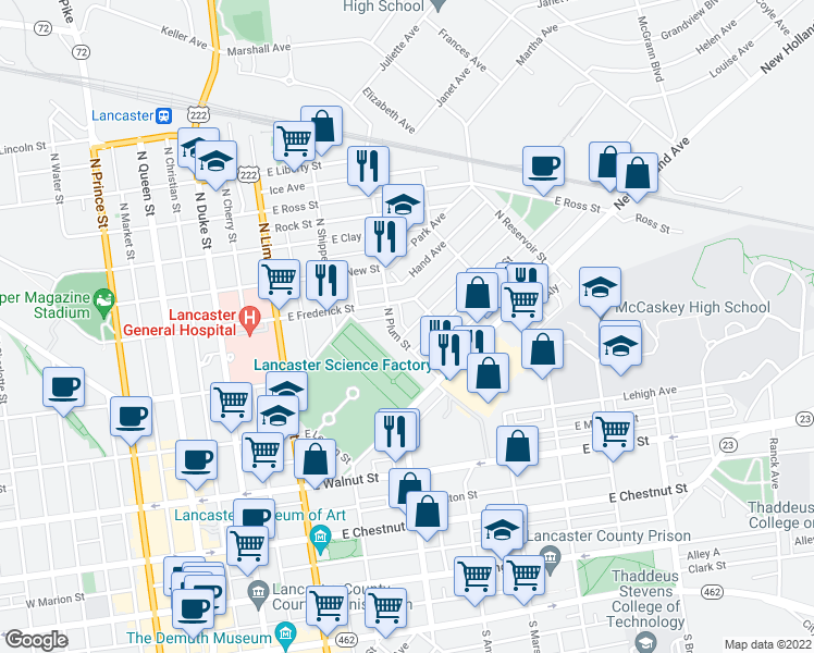 map of restaurants, bars, coffee shops, grocery stores, and more near 415 Reynolds Avenue in Lancaster