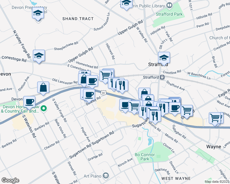 map of restaurants, bars, coffee shops, grocery stores, and more near 821 West Lancaster Avenue in Wayne