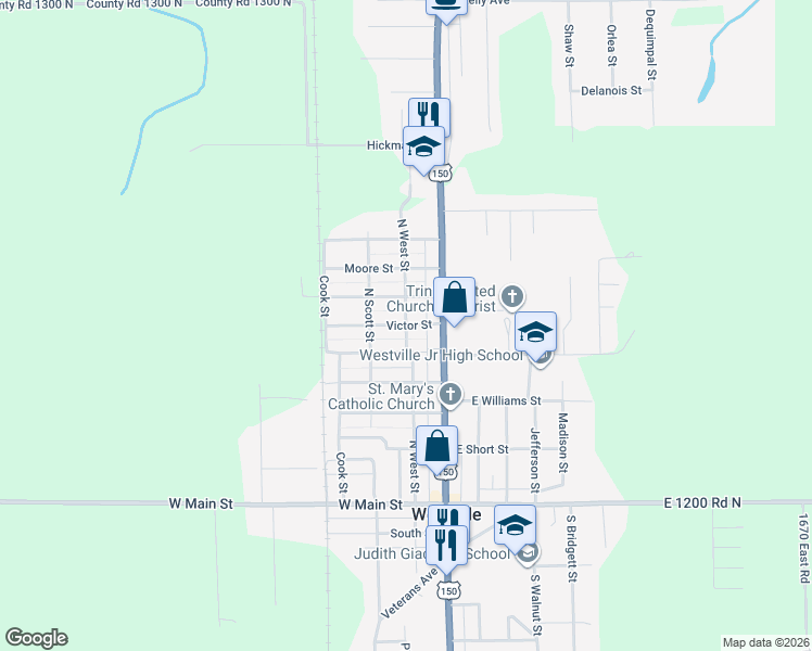 map of restaurants, bars, coffee shops, grocery stores, and more near 600 North West Street in Westville
