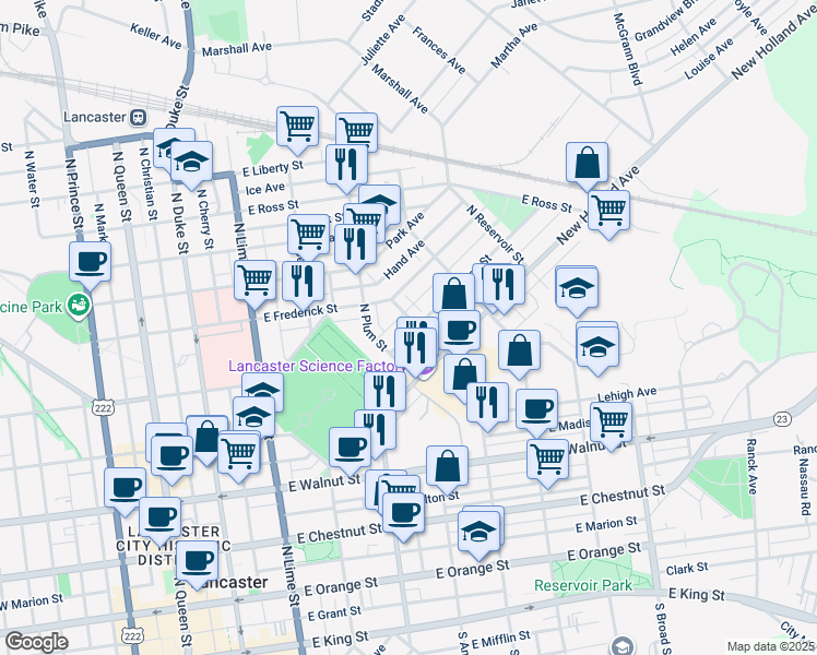 map of restaurants, bars, coffee shops, grocery stores, and more near 704 North Marshall Street in Lancaster