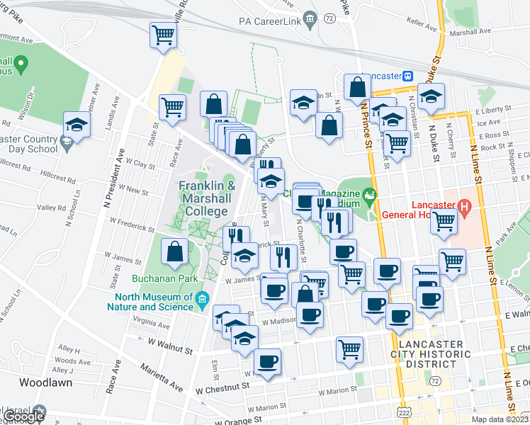 map of restaurants, bars, coffee shops, grocery stores, and more near 308 West New Street in Lancaster