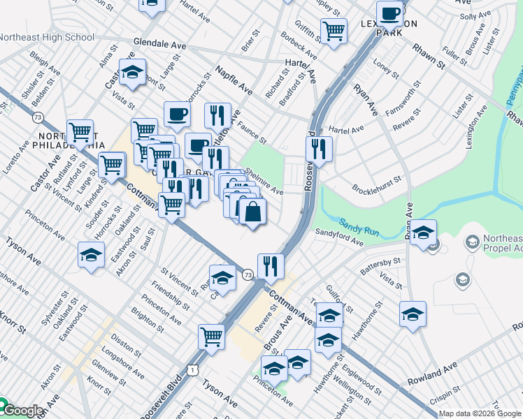 map of restaurants, bars, coffee shops, grocery stores, and more near 2509 Vista Street in Philadelphia