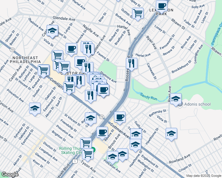 map of restaurants, bars, coffee shops, grocery stores, and more near 2509 Vista Street in Philadelphia