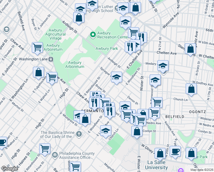 map of restaurants, bars, coffee shops, grocery stores, and more near 936 East Price Street in Philadelphia