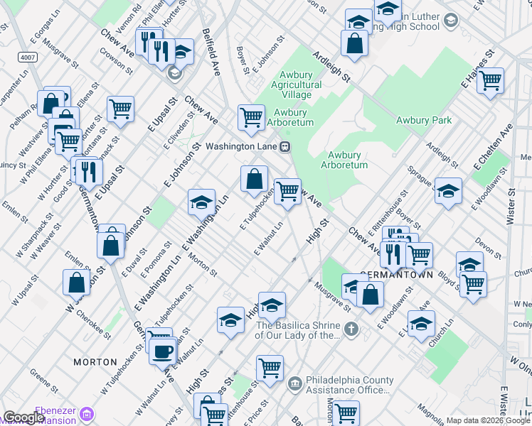 map of restaurants, bars, coffee shops, grocery stores, and more near 522 East Tulpehocken Street in Philadelphia