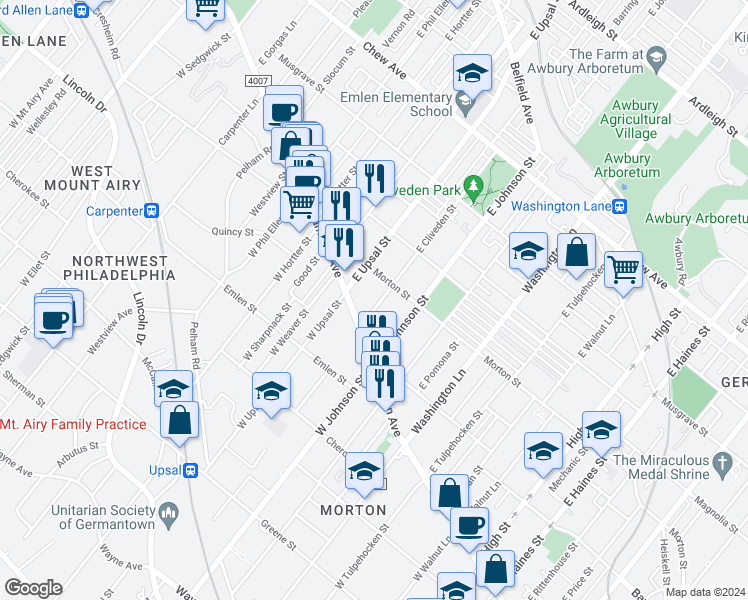 map of restaurants, bars, coffee shops, grocery stores, and more near 100 East Cliveden Street in Philadelphia