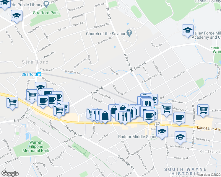 map of restaurants, bars, coffee shops, grocery stores, and more near 421 West Beechtree Lane in Wayne