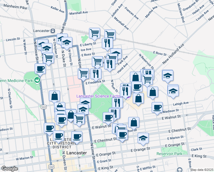 map of restaurants, bars, coffee shops, grocery stores, and more near 596 North Plum Street in Lancaster