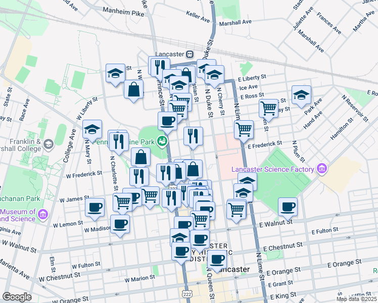 map of restaurants, bars, coffee shops, grocery stores, and more near 629 North Market Street in Lancaster