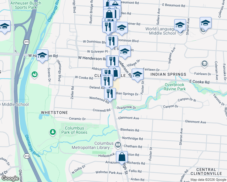 map of restaurants, bars, coffee shops, grocery stores, and more near 4250 North High Street in Columbus