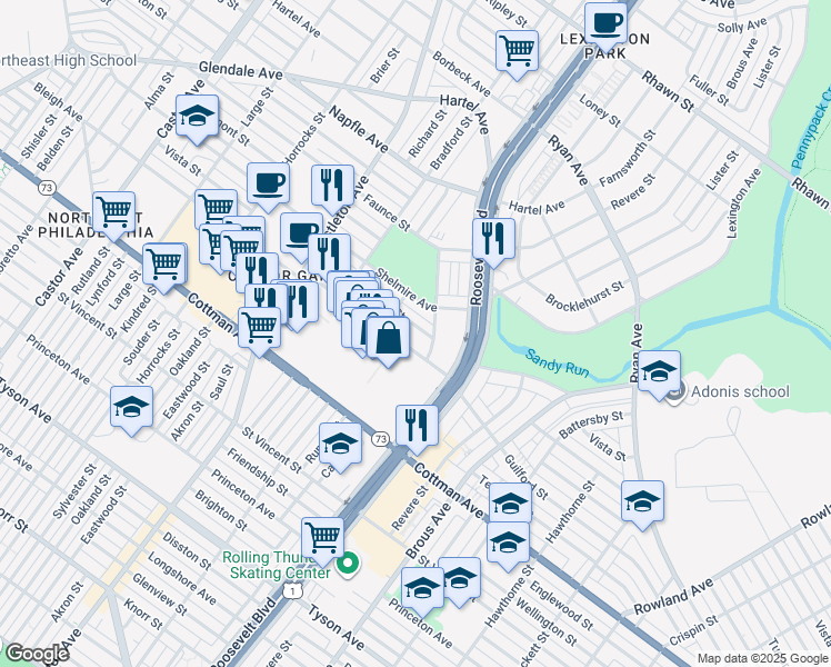 map of restaurants, bars, coffee shops, grocery stores, and more near 2509 Vista Street in Philadelphia
